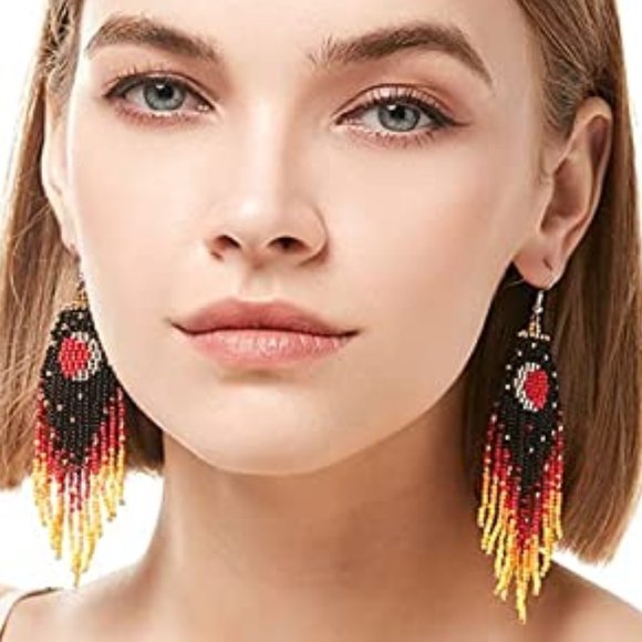 Eclipse Crescent Moon Black Orange Long 5" Bead Earrings Handmade Oversized New - Picture 2 of 7